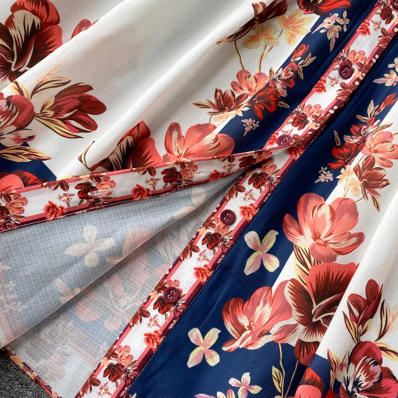 

Fitaylor New Spring Autumn Women Vintage Stand Collar Floral Print Dress Elegant Single Breasted Bohemia Long Dress with Belt