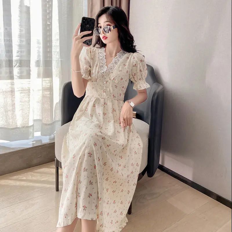 

Chiffon Vintage Floral Dress Women Lace Korean Elegant Party Dress Kawaii Puff Sleeve Sweet Sexy Long Dress Summer Dresses 2021