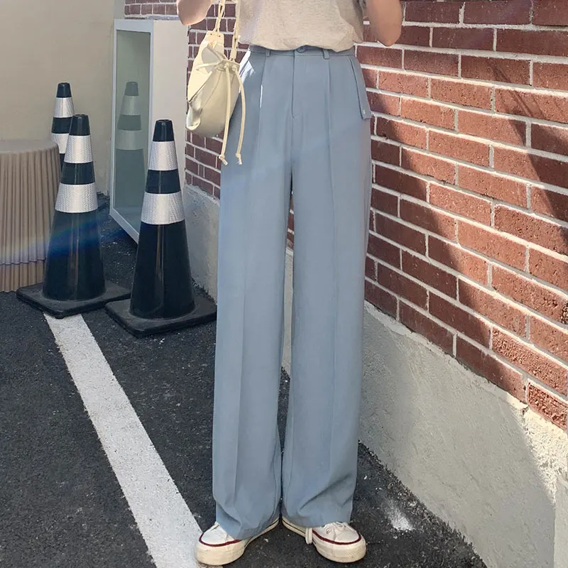 

2021 Women Solid Color Straight Wide Leg Pants Female Spring Summer New Korean Fashion High Waist Casual Long Pants