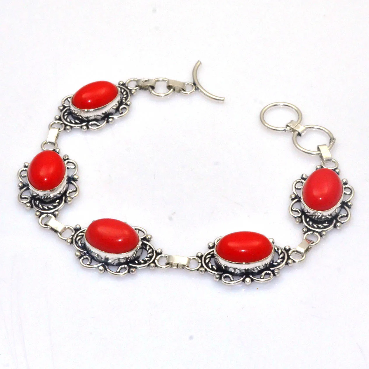 

Genuine Coral Bracelet Silver Overlay over Copper , women Jewelry gift 20 cm, B4262