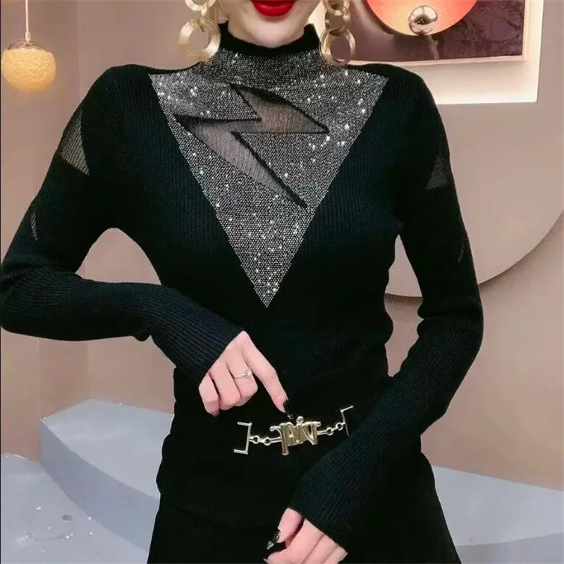 Женская Блестящая водолазка с вырезами черная футболка длинным рукавом базовая