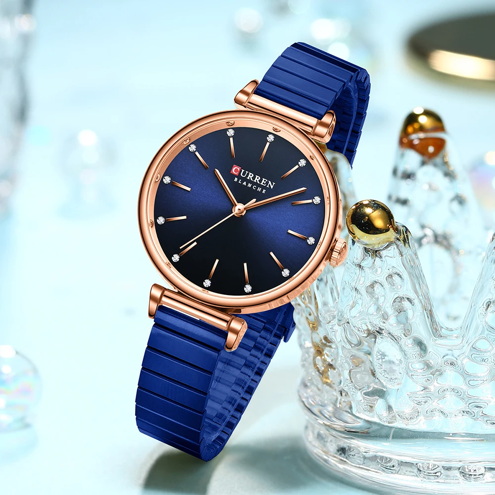 

CURREN Women's Watches New TOP Brand Luxury Quartz Wristwatch with Stainless Steel Band Rhinestones Dial Blue Clock Female