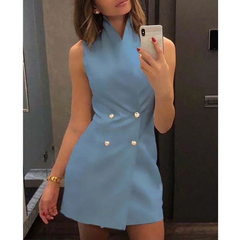

2021 Women Short Bodycon Collar Blazer Double Breasted Work Office High Waist Solid Mini Dresses Fashion Summer Sleeveless Dress