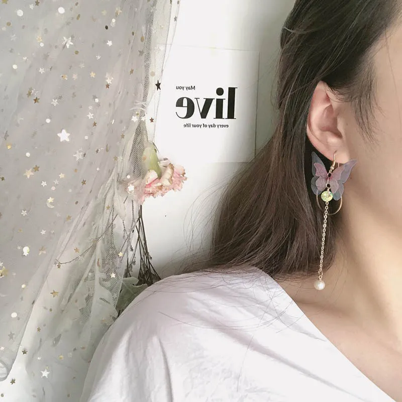 Корейские Ретро Асимметричные Серьги-бабочки Длинные круглые серьги с крыльями