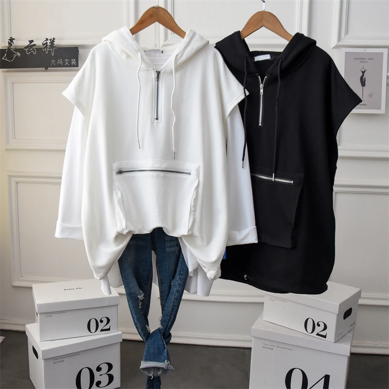 

Fashion Women Half Zip Up Oversize Hoodies Large Size Lazy Cotton Terry Tank Hooded Sweatshirt High Street Large Size