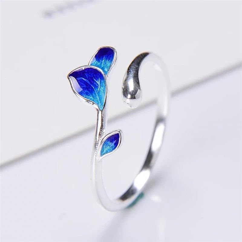 

Aestethic Elegant Jewellery Blue Enamel Leaves Branches 925 Standard Silver Female Resizable Opening Rings 952