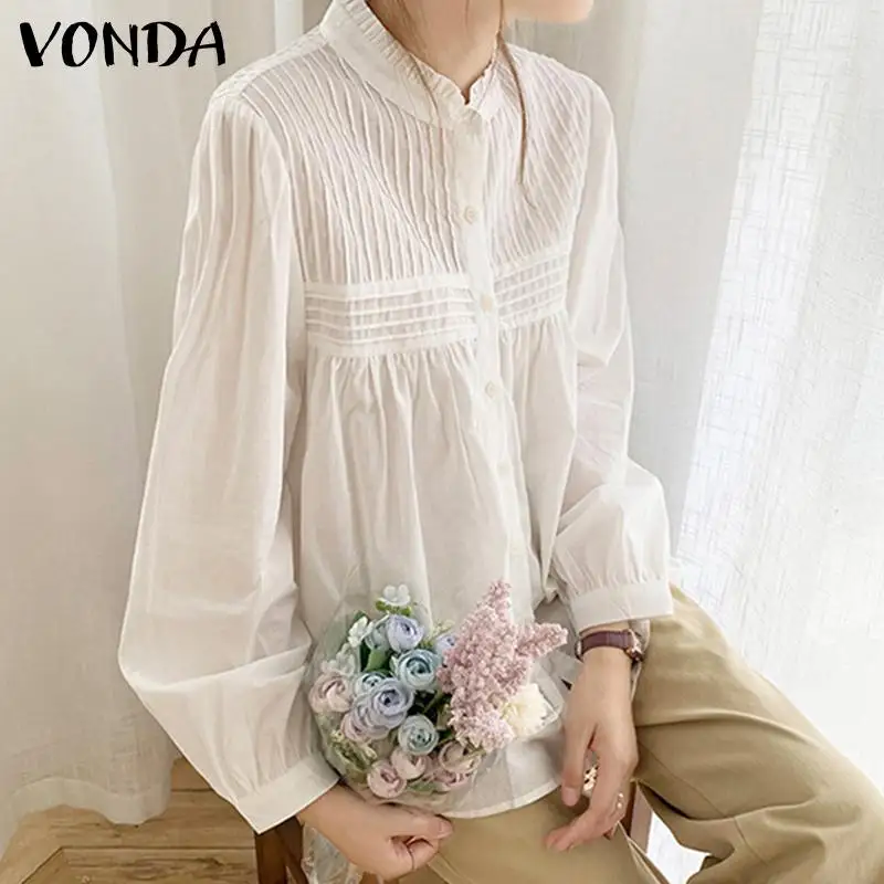 

Women Solid Tops Casual Long Sleeve Solid Color Tops 2021 VONDA Elegant Lace Neck Button Up Shirts Blouse Blusas Femininas