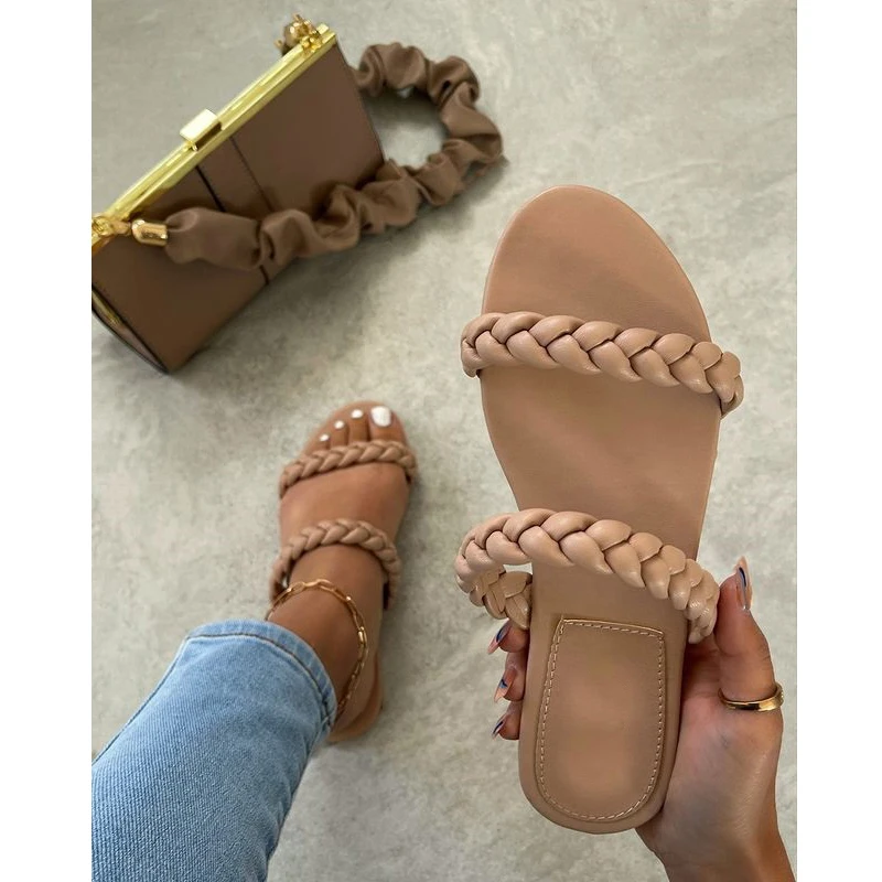 

2021 summer new style fashion casual knitting hollow open-toed flat bottom solid color outdoor female beach slippers