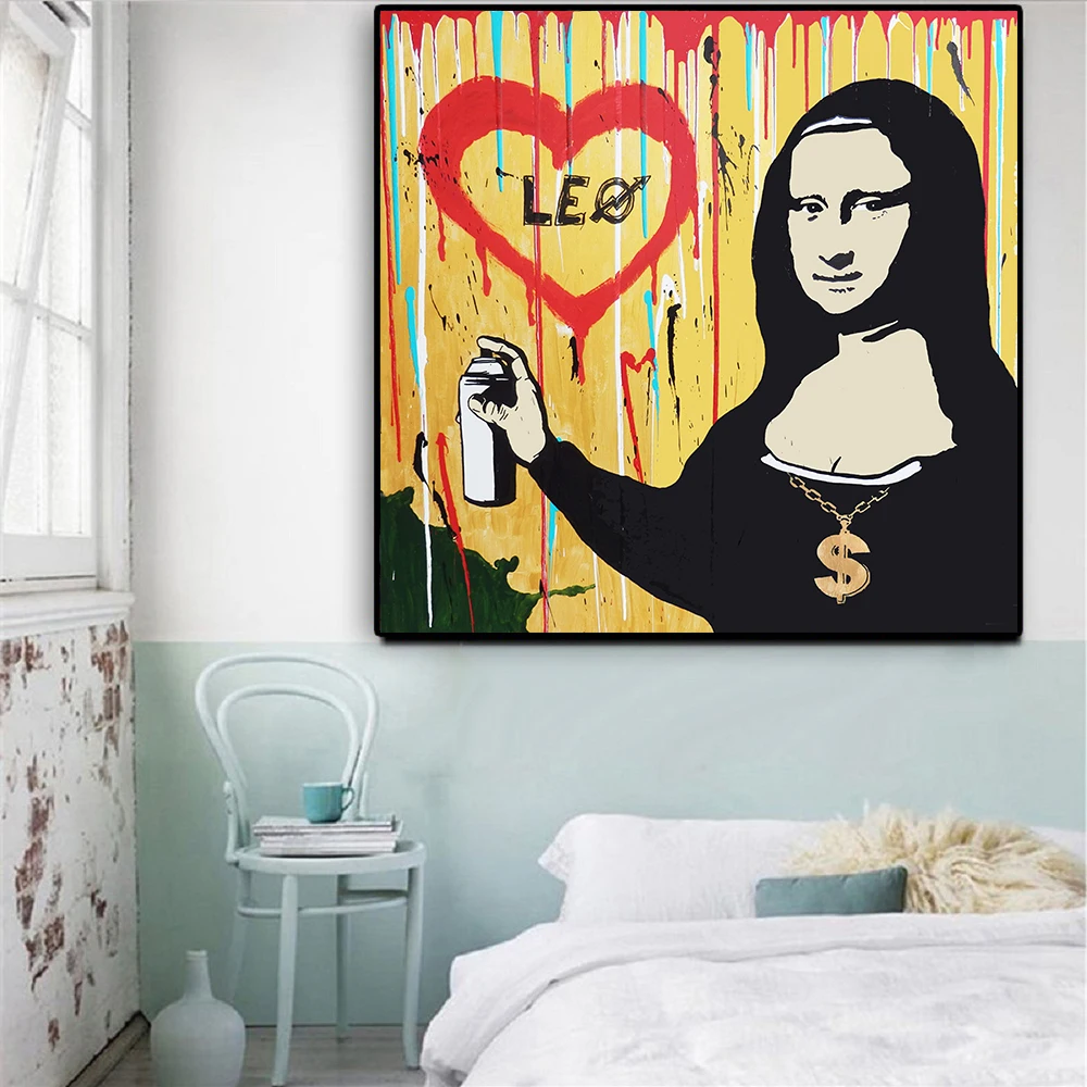 

Graffiti Mona Lisa Inkjet I Love Leo Poster Wall Art Canvas Prints Painting Modular Pictures Living Room Modern Home Decoration