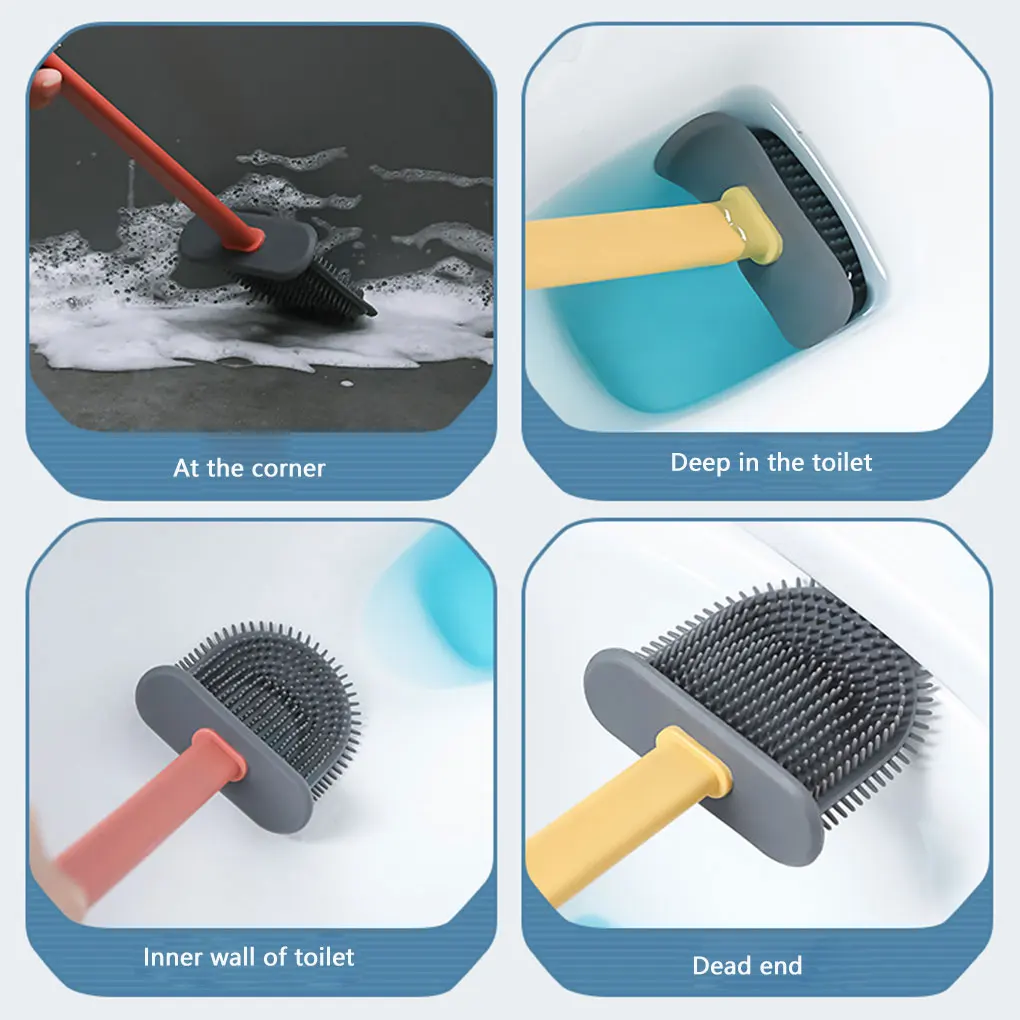 

Hot Silicone WC Toilet Brush Flat Head Flexible Soft Bristles BrushQuick Drying Holder Set Cleaning Brush For WC Accessories