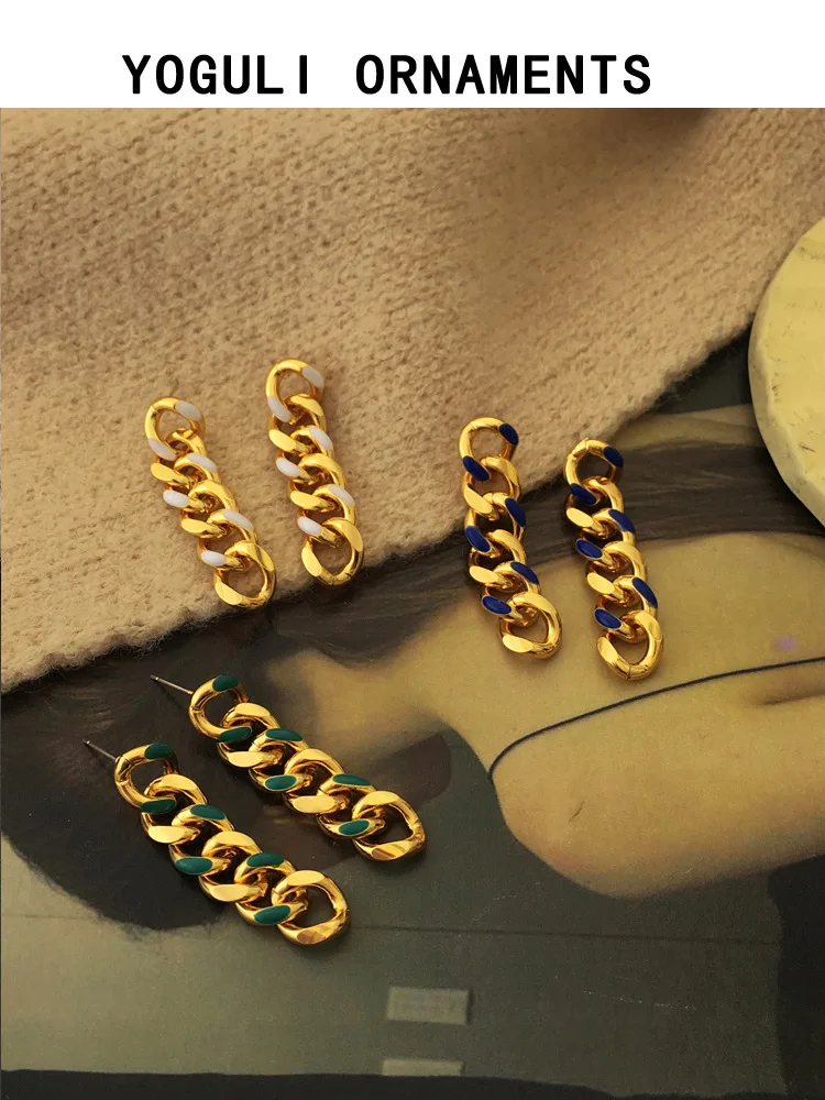 

Modern Jewelry Metal Chain Drop Earrings Popular Design Green Blue White Enamel Golden Plating Dangle Earrings For Party Gifts