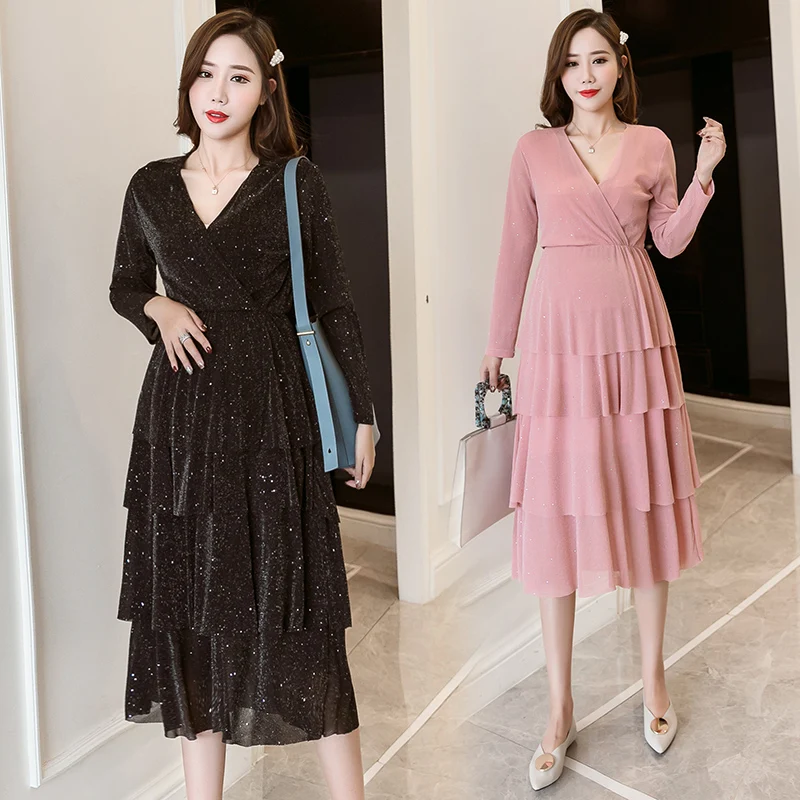 Платье для беременных с V образным вырезом и длинным рукавом|Платья| |