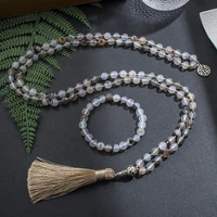 8mm natural white black flower agate beaded knotted mala necklace meditation yoga spirit jewelry 108 japamala woman rosary