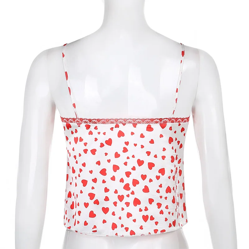 

ALLNeon Y2K Fashion Bandage Heart Print Satin Cami Tops 2000s Aesthetics Cute V-neck Lace Trim Slit Crop Tops Kawaii Outfits Red