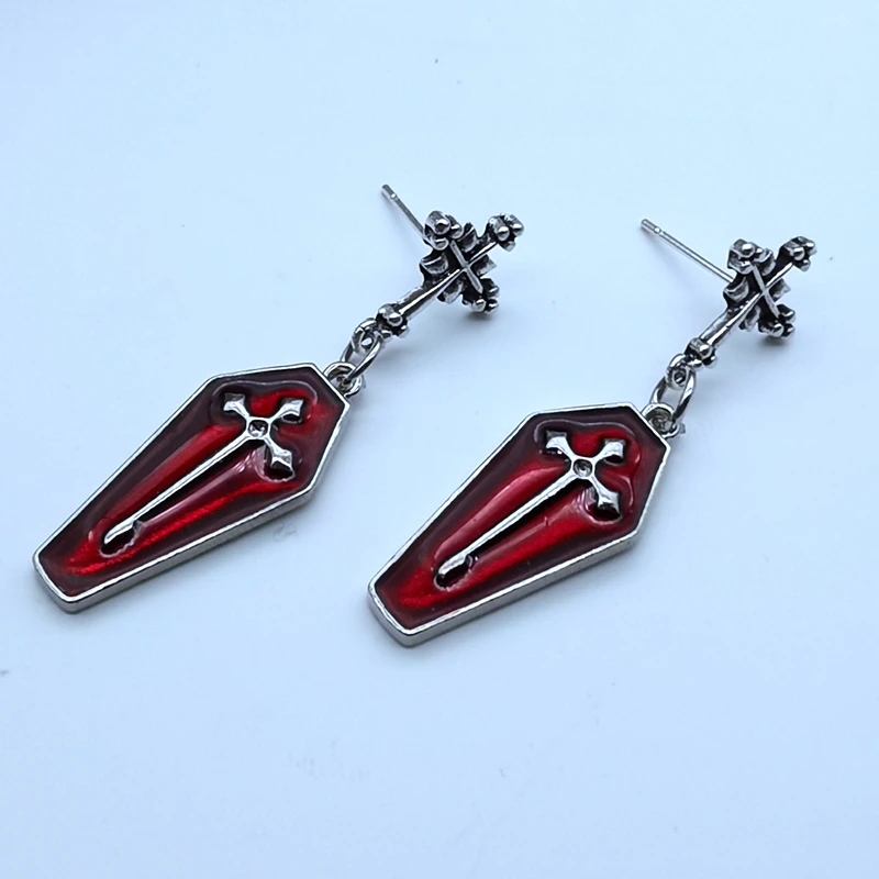 Женские серьги в стиле панк готика ретро крест смерти красная кровь гроб