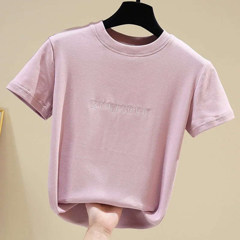 

2021 Summer Print Letter Tshirts For Womenâ€™s Short Sleeve O Neck Korean Cotton Woman T-shirts Tops Casual Pink Slim Tee Shirt