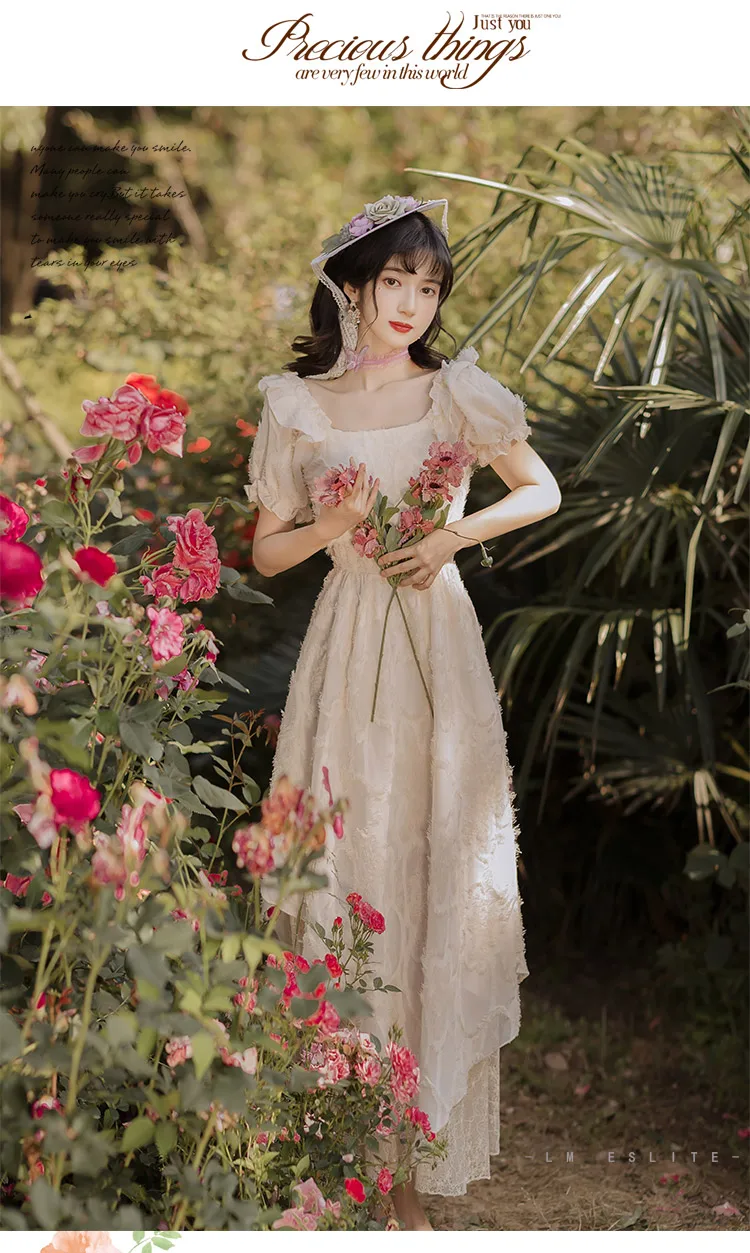 

2021 Summer Women Maxi Long Fairy Dress Square Collar Tassel Chiffon Romantic Dress Elegant Floral Lace Gorgeous Party Dress
