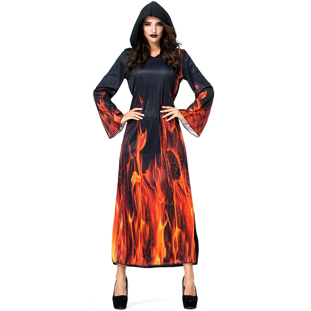 Umorden Women Underworld Hell Flame Fire Devil Costume Hoody Robe Halloween Carnival Purim Party Costumes