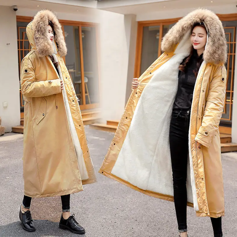 

Korean Long Down Cotton Padded Women Thicken Fashion Casual Parka 2019 Winter Hooded Fur Collar Warm Loose Lamb Fur Coat f2037