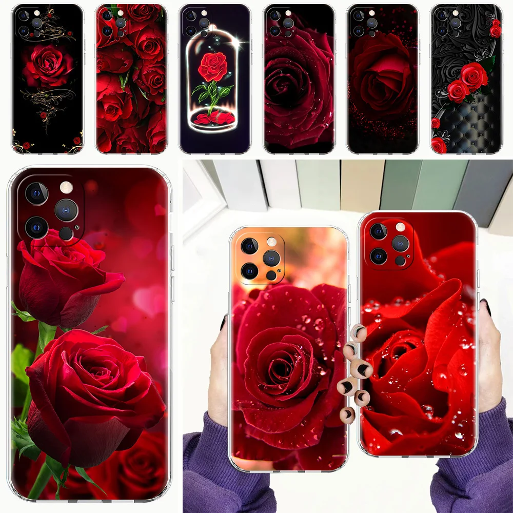 

Red Roses Flowers Fundas Phone Case For iPhone 13 12 11 Pro Max 8 7 Plus X XS Max XR SE 2020 Transparent Soft Cover Shell Coque