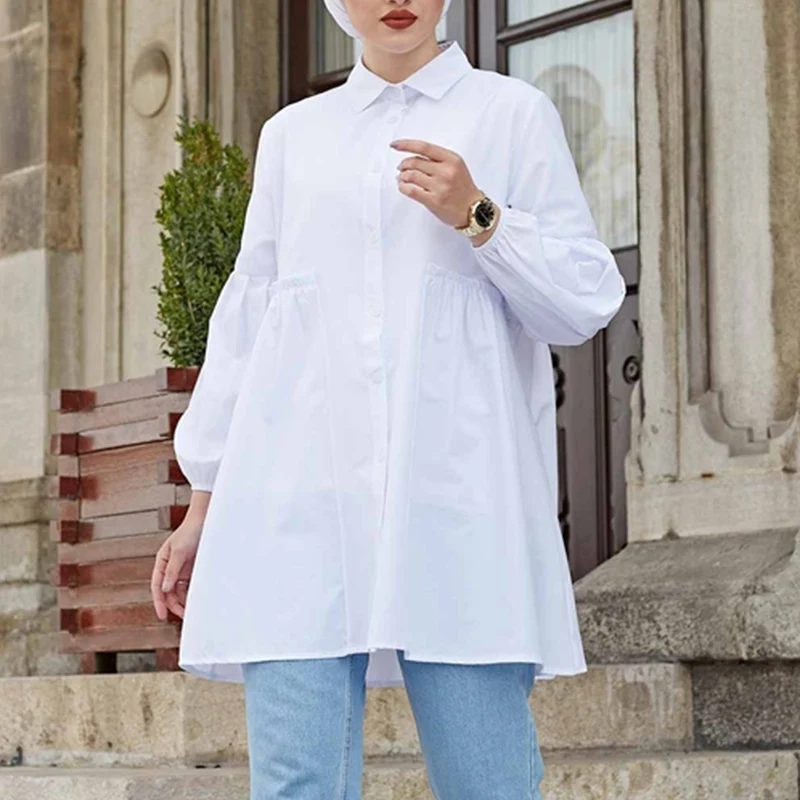 

ZANZEA Women Full Sleeve Tops Fashion Solid Baggy Muslim Blouse Elegants Shirts Female Chemise Tunic Blusas Casual Summer Blouse