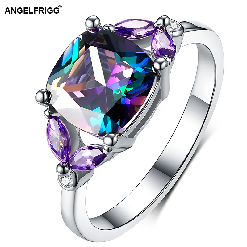 Женские Классические кольца ANGELFRIGG серебристые с разноцветными фианитами AAA
