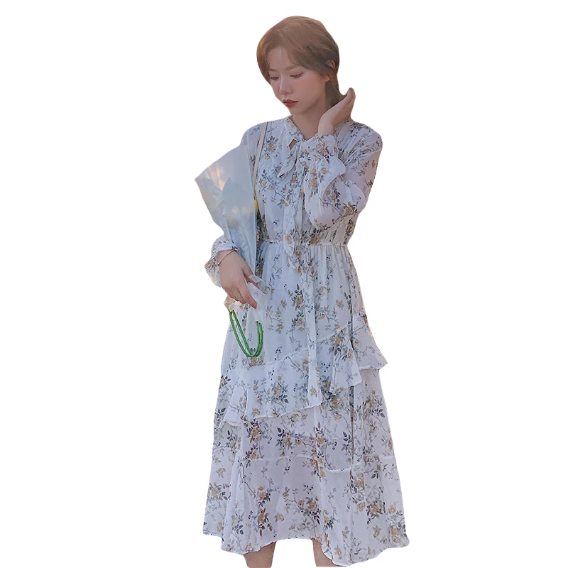 

Women Chiffon Dress Vintage Floral Print Long Sleeve Ruffles A-line Dress Elastic Waist Female Boho Vestidos 2020 Spring Summer