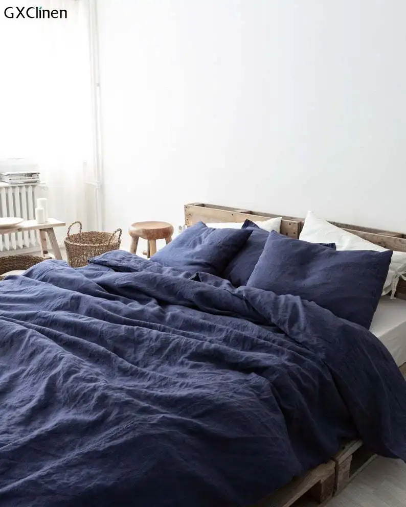 Ручная работа синего цвета льняное покрывало простынь и наволочки для подушек