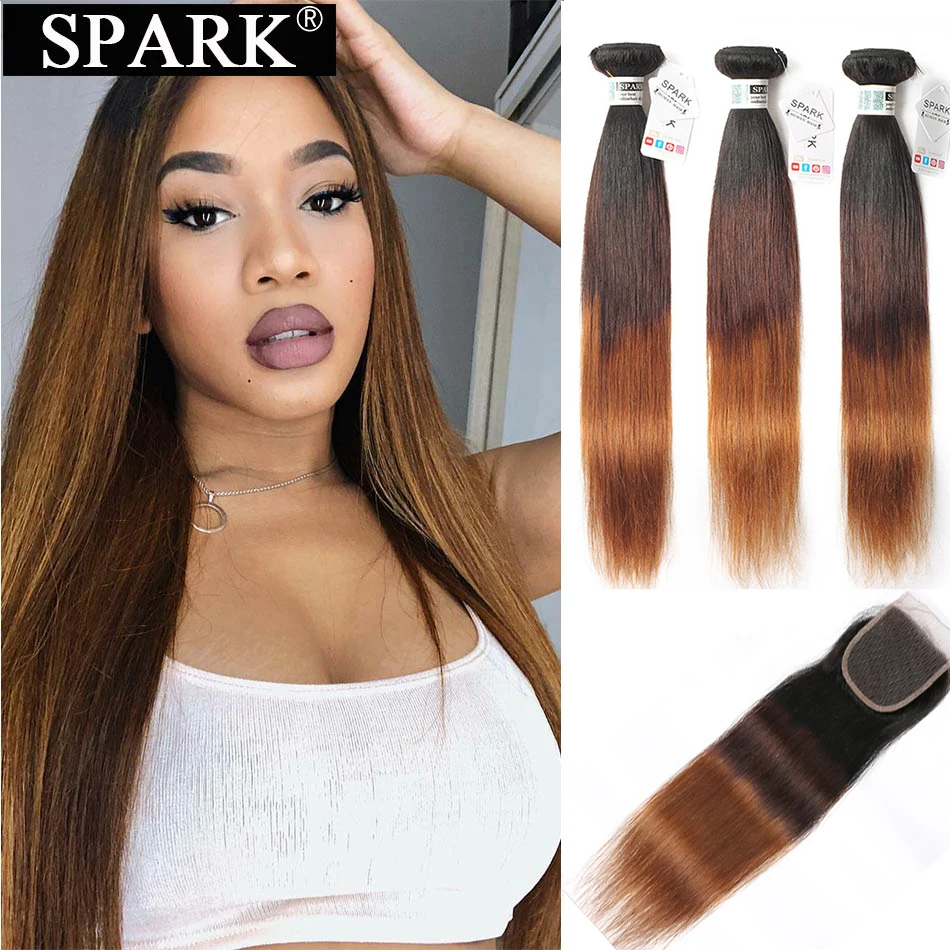 

SPARK 28 30 inches Long Hair Straight 2/3/4Bundles With Closure Ombre Color 100% Human Hair Remy Closure With Bundles Extension