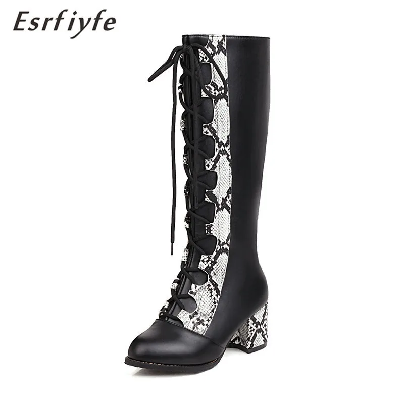 

ESRFIYFE Autumn Winter Women Knee High Boots Snakeskin Grain New Fashion Pu Leather Women Shoes Round Toe High Heel Shoes Black