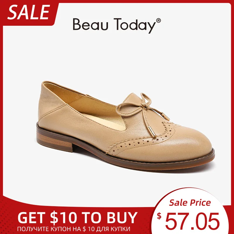 BeauToday/кожаные лоферы Женские Броги из телячьей кожи с круглым носком и бантом