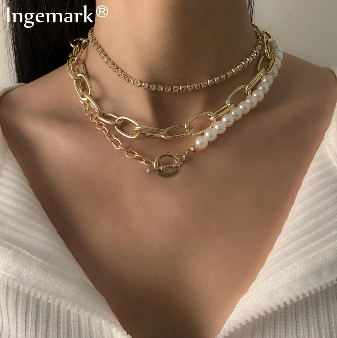 

3Pcs/Set Baroque Pearl Lock Tennis Chain Necklace Women Wedding Vintage Cuban Curb Toggle Clasp Lariat Pendant Choker Jewelry