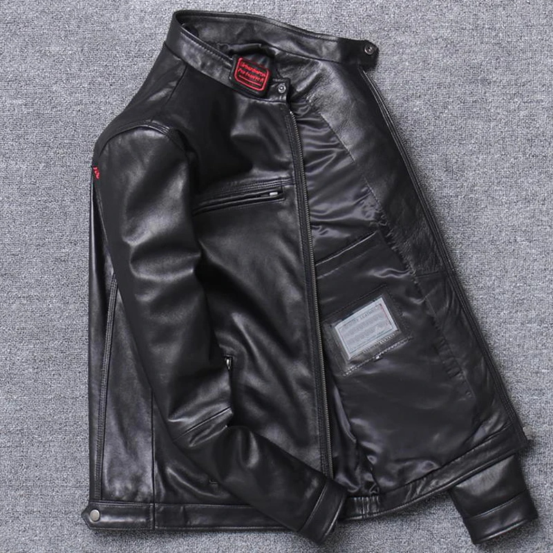 Мужская кожаная куртка Черная байкерская из натуральной овчины в европейском и