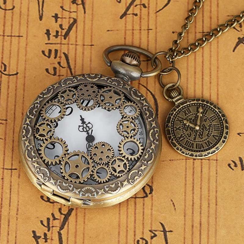 Vintage Antique Copper Steampunk Bronze Hollow Gear Quartz Pocket Watch Necklace Pendant Clock Chain Men Women with Accessory images - 6