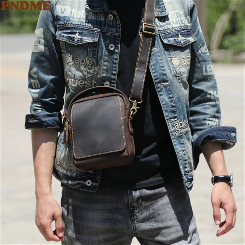 PNDME retro natural crazy horse cowhide men's small messenger bag simple weekend daily genuine leather youth work shoulder bag