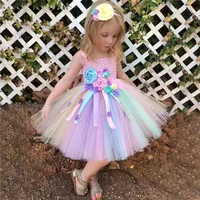 girls unicorn flower tutu dress kids crochet pastel tulle dress with ribbons and hairbow children birthday party costume dresses