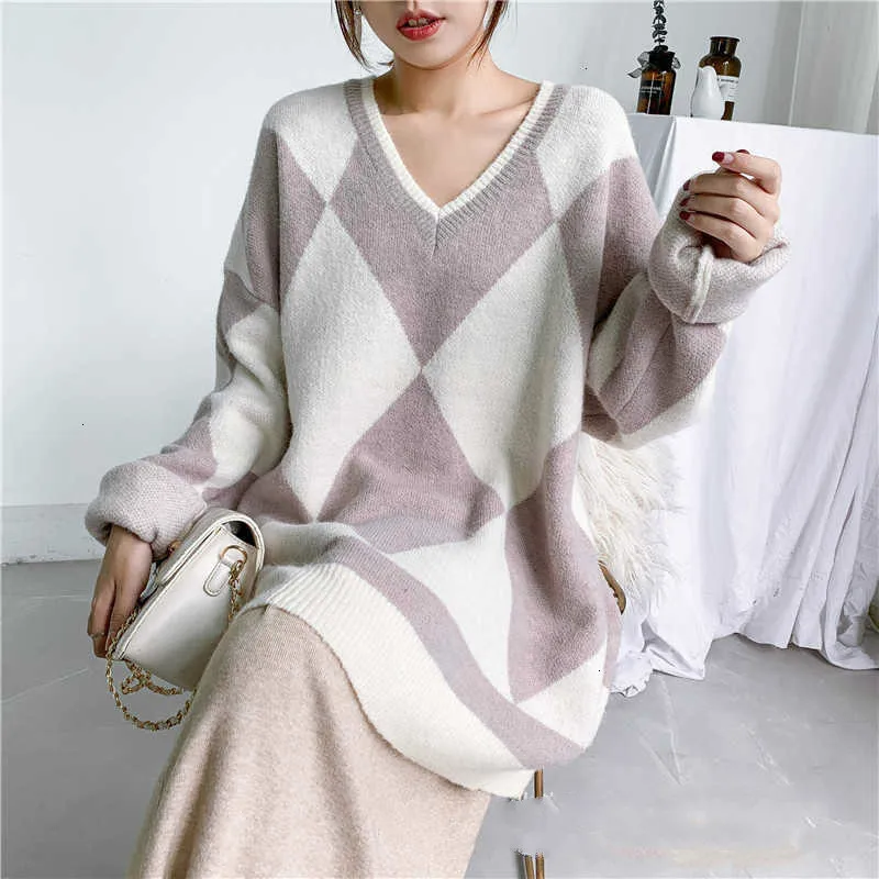 

Hit Color Lattice Patchwork V-neck Pullover Tops Women 2020 Spring New Korean Loose Casual Sweater Big Size Top Y813
