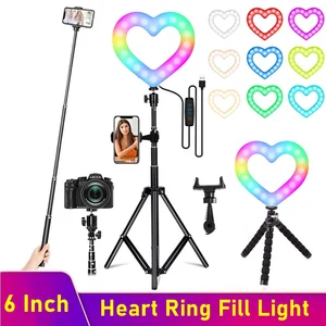 6 inch rgb heart led selfie ring light dimmable vedio ring lamp photo photographic lighting tripod for phone makeup live volg free global shipping