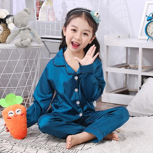 C Q 3571 qian lan Рождественские пижамные наборы для малышей; сезон осень; комплект шелковой одежды для сна с длинными рукавами; однотонная Удобная Ночная одежда для мальчиков и девочек; детский топ - Цвет: C Q 3571 qian lan