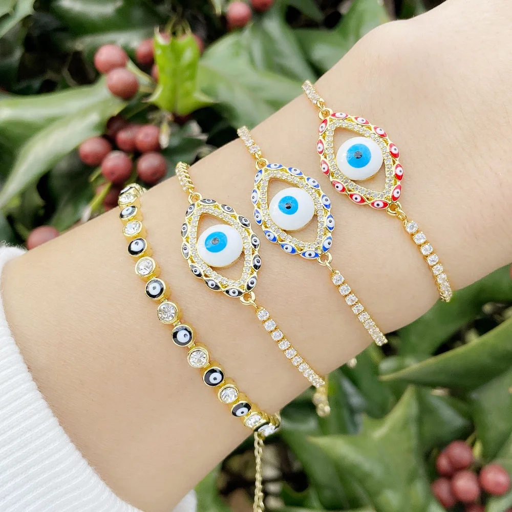 

5Pcs New Fashion Pave Cz Enamel eyes Pendant Bracelets Jewelry Women Luxury Gold Plated Hot Sale Ladies Jewellery