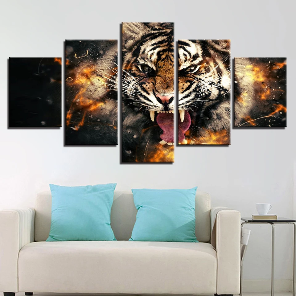 

5 Pieces Set Roaring Tiger Printed Canvas Painting Living Room Abstract Animal Wall Art Pictures No Frames Home Decoration