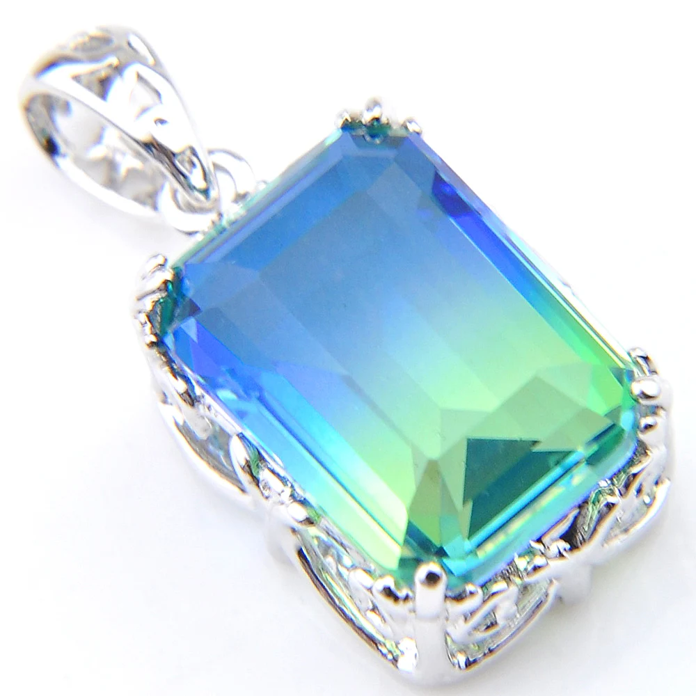 Luckyshine зеленый прямоугольник BI-COLORED турмалин кристалл циркония 10*14 мм Винтаж серебро Женская мода кулон+ цепь