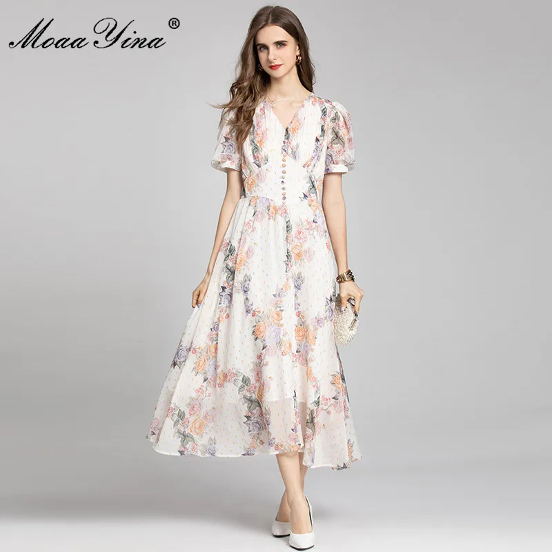 

MoaaYina Fashion Runway Designer Summer Dress Women's V-Neck Short sleeve Floral print Long Holiday Party Dress
