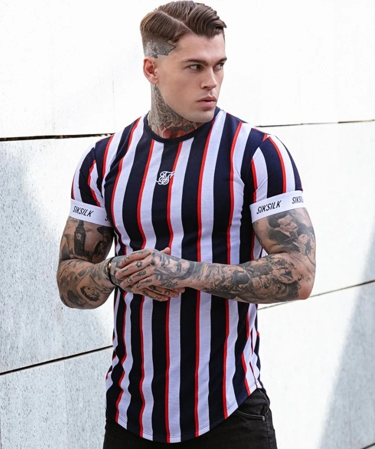 

Sik Silk 2021 Summer Men's New Casual T-Shirt Fashion Striped Tide Brand Hip-Hop Short-Sleeved Street Clothing Sports Slim Tops