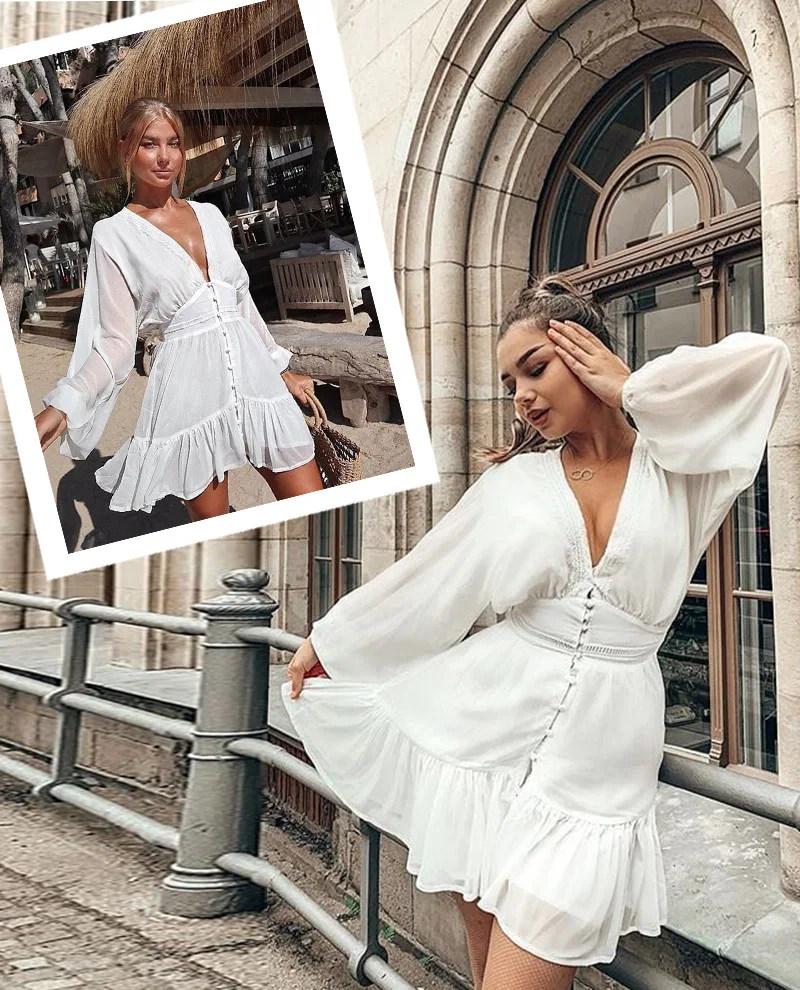 

Women Plus Size Dress Sexy Deep V Neck White Chiffon Long Sleeve Party Mini Dress Spring Autumn Pleated Ruffle Elegant Dresses