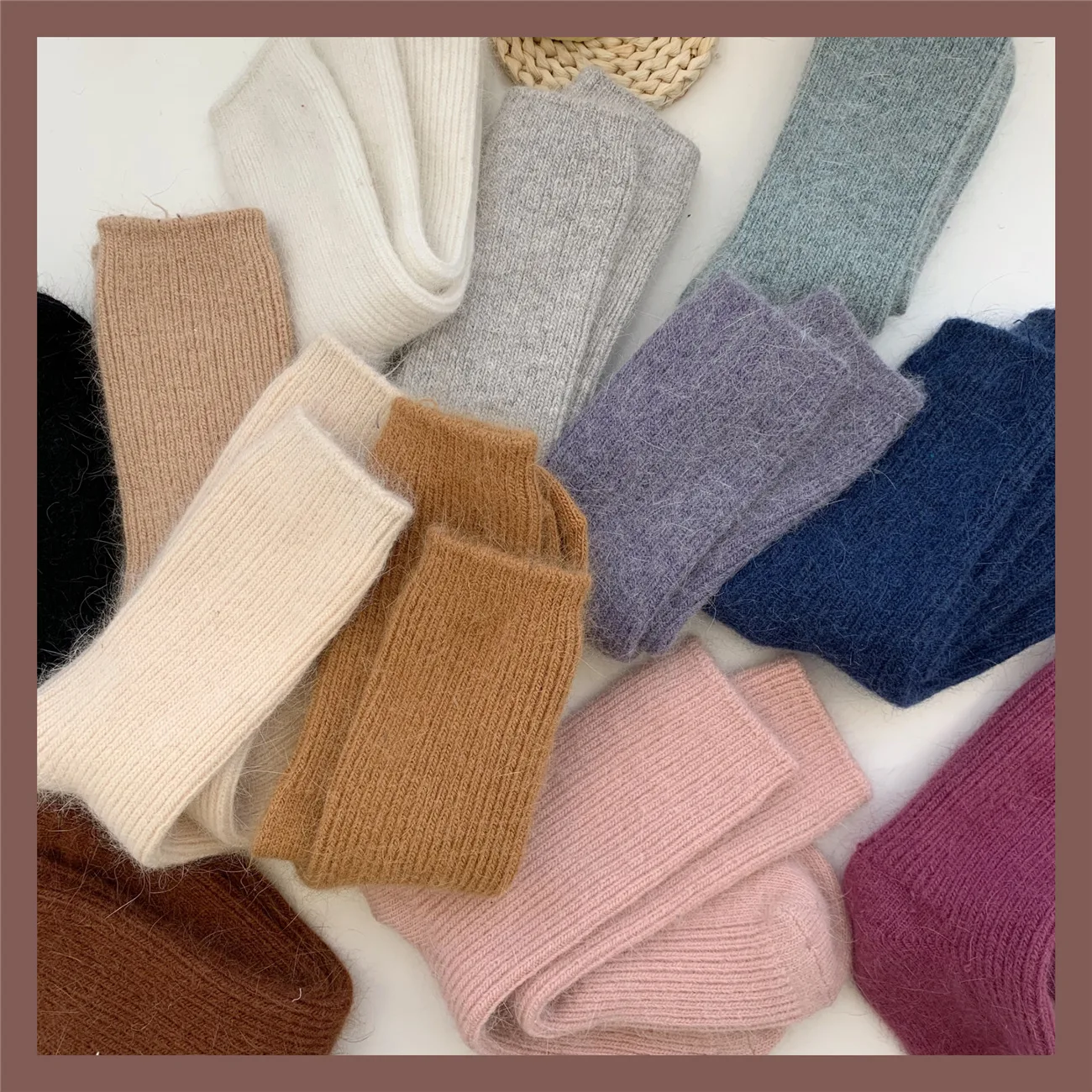 

New Thick Thin Striped Rabbit Hair Socks Wool In Tube Solid Color Socks Women's Warm Autumn and Winter New Pile Socks Wholesale