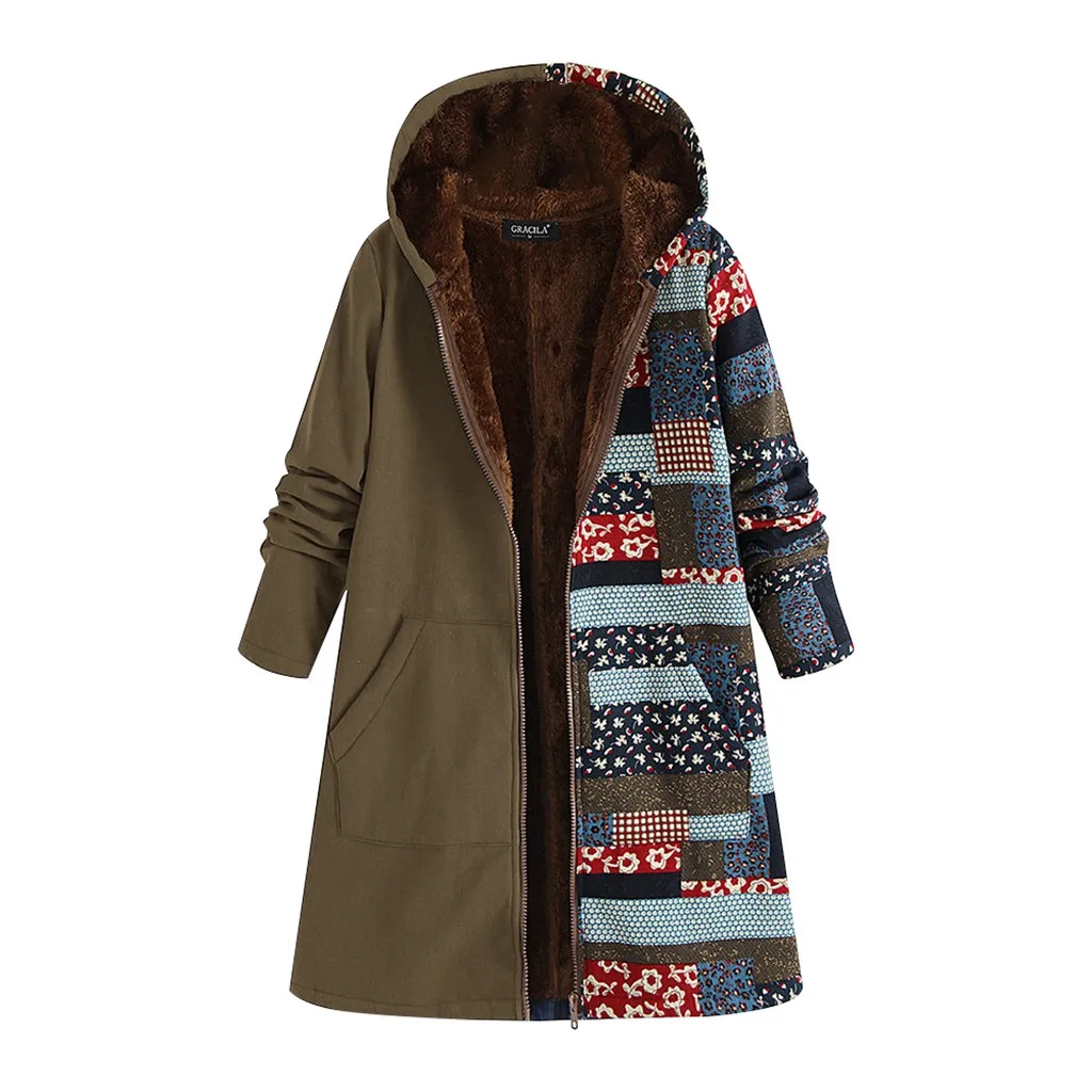 Женское пальто зимнее повседневное с цветочным принтом теплое на молнии