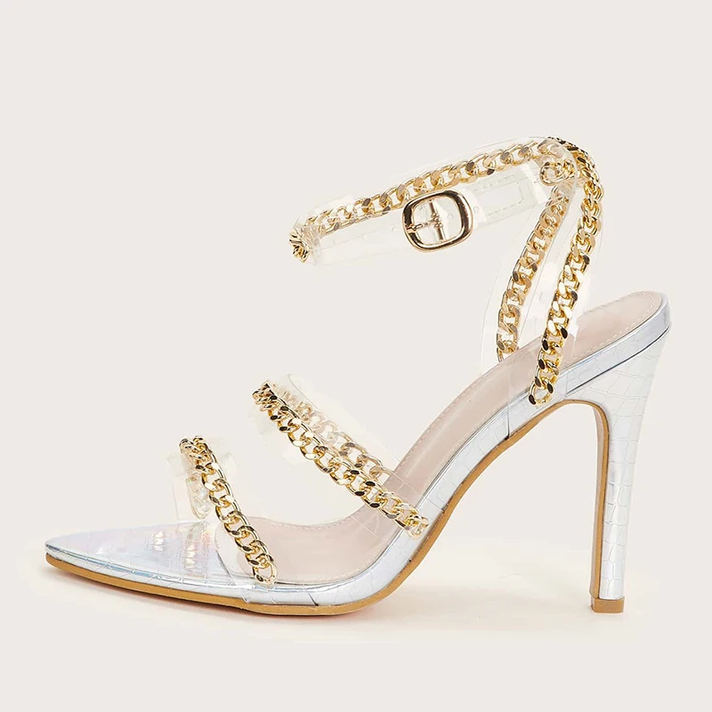 

Women Sandals High Heels Pointed Toe Summer Shoes Female Fashion Chain Pumps Ladies Party Buckle Strap PU Transparent Plus Size