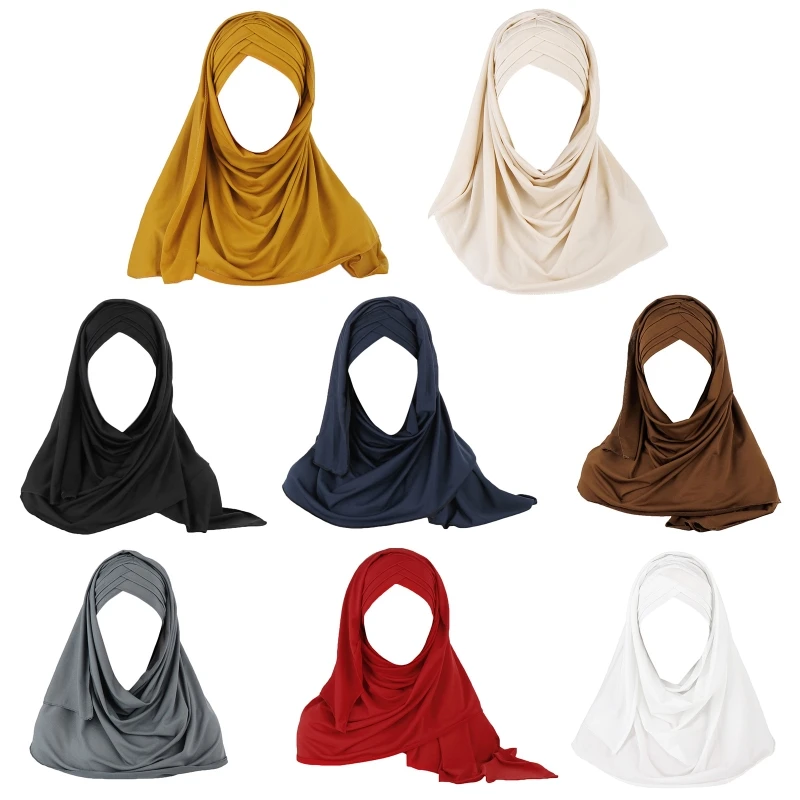 

Women Milk Filer Solid Color 2 In 1 Turban Hat Instant Scarf Malaysia Muslim Arab Cross Pleated Hijab Cap Head Wrap Cover