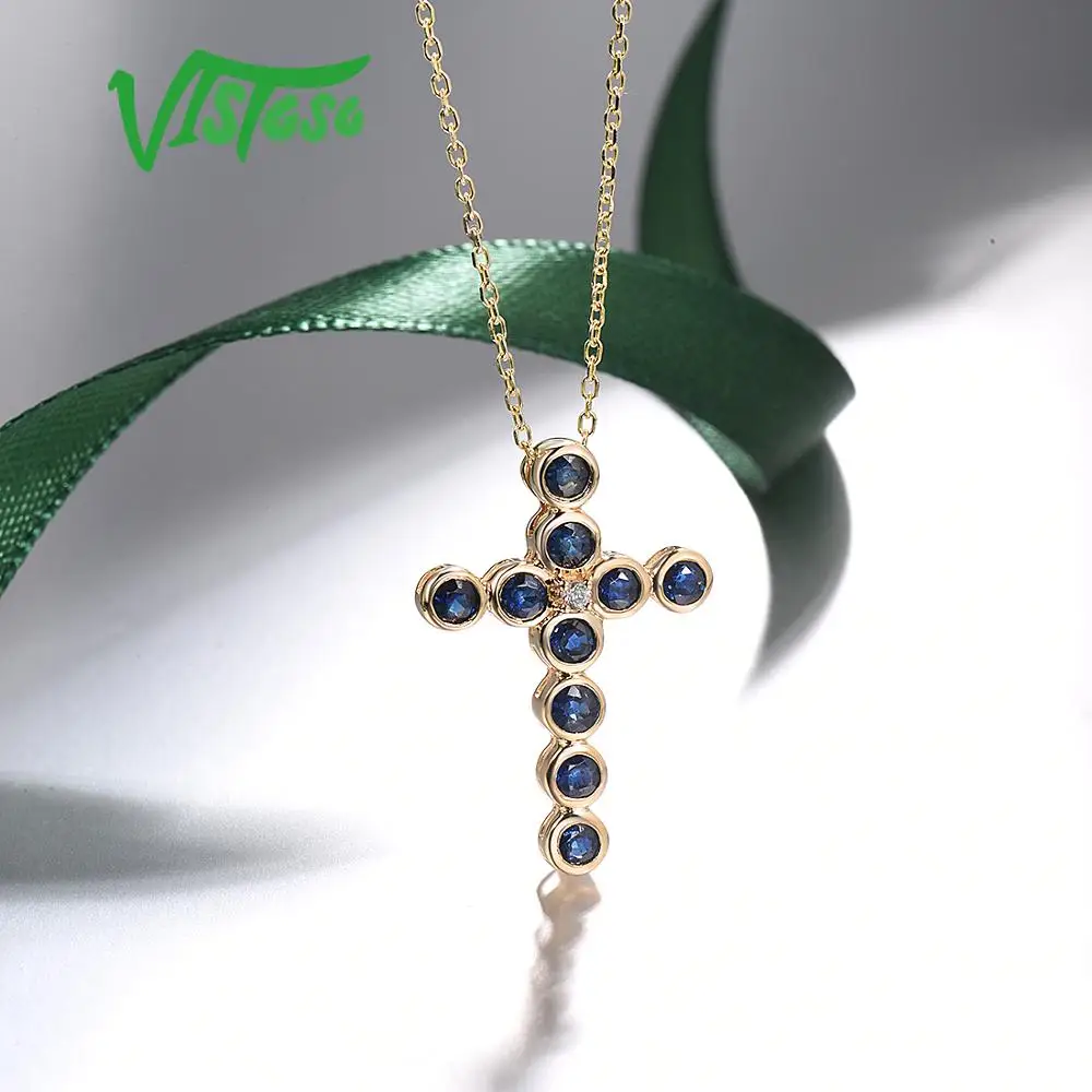 VISTOSO золотые подвески для женщин подлинный 14K 585 Желтое золото крест кулон синий